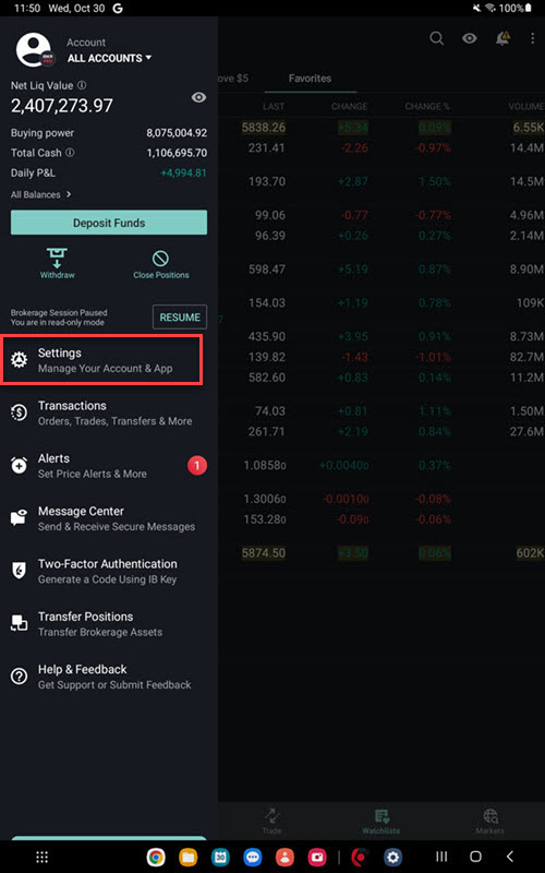 The account menu settings for the android tablet. 